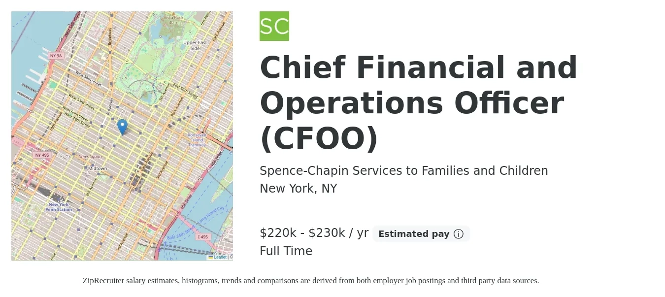 Spence-Chapin Services to Families and Children job posting for a Chief Financial and Operations Officer (CFOO) in New York, NY with a salary of $220,000 to $230,000 Yearly with a map of New York location.