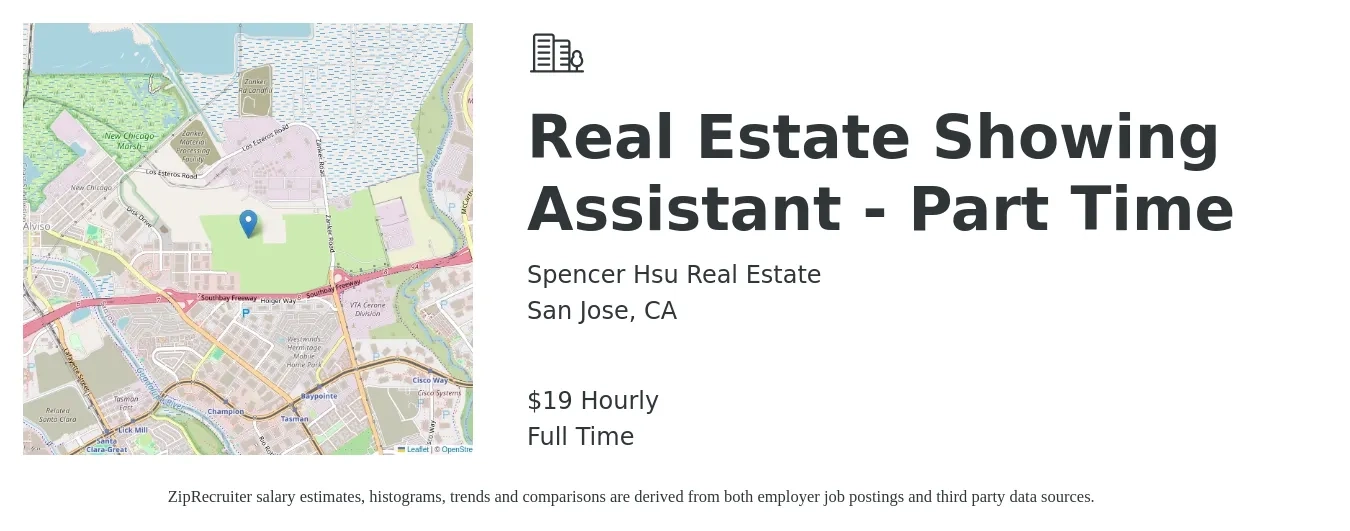 Spencer Hsu Real Estate job posting for a Real Estate Showing Assistant - Part Time in San Jose, CA with a salary of $20 Hourly with a map of San Jose location.