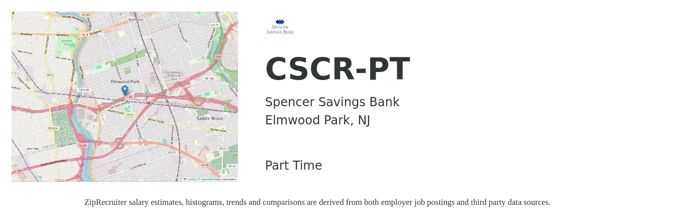 Spencer Savings Bank job posting for a CSCR-PT in Elmwood Park, NJ with a salary of $17 to $23 Hourly with a map of Elmwood Park location.