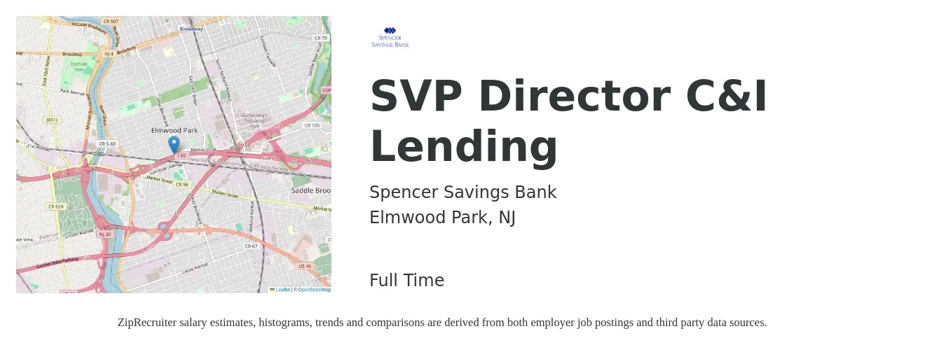 Spencer Savings Bank job posting for a SVP Director C&I Lending in Elmwood Park, NJ with a salary of $110,200 to $129,100 Yearly with a map of Elmwood Park location.