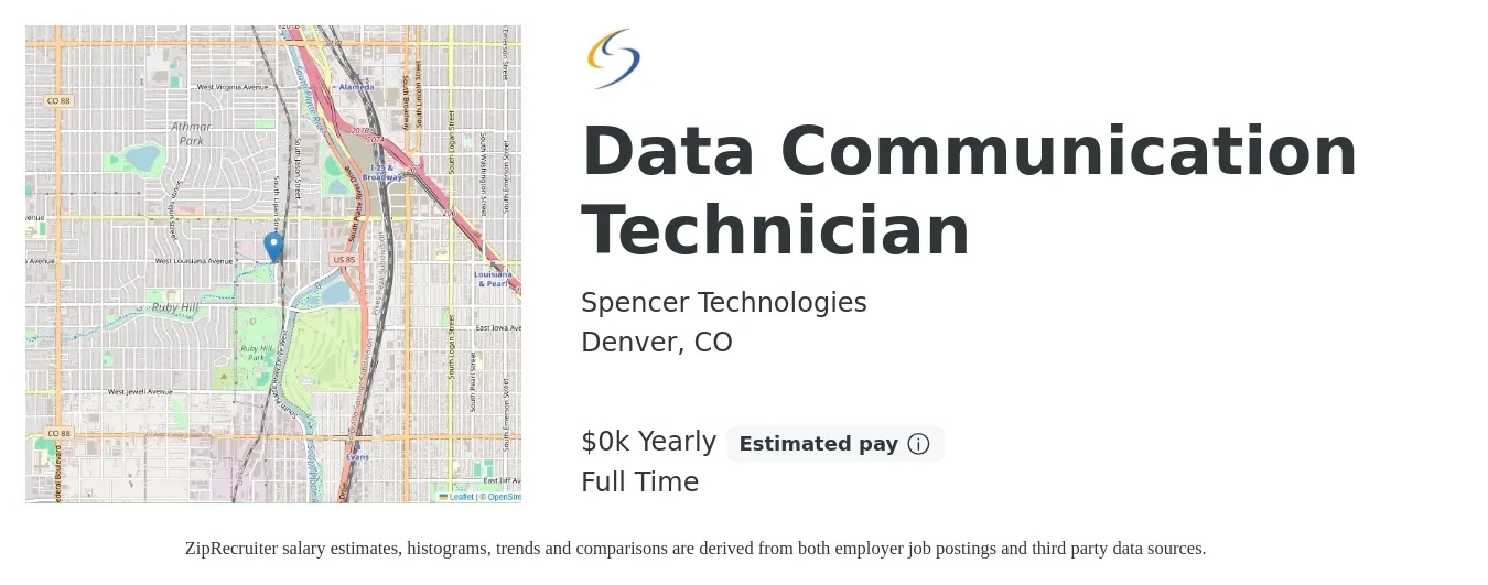 Spencer Technologies job posting for a Data Communication Technician in Denver, CO with a salary of $24 to $35 Yearly with a map of Denver location.