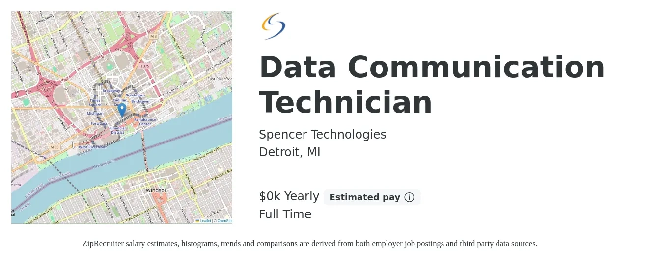 Spencer Technologies job posting for a Data Communication Technician in Detroit, MI with a salary of $24 to $35 Yearly with a map of Detroit location.