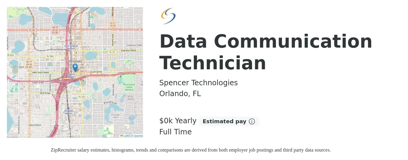 Spencer Technologies job posting for a Data Communication Technician in Orlando, FL with a salary of $24 to $35 Yearly with a map of Orlando location.