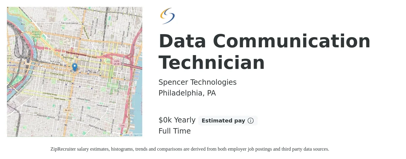 Spencer Technologies job posting for a Data Communication Technician in Philadelphia, PA with a salary of $24 to $35 Yearly with a map of Philadelphia location.