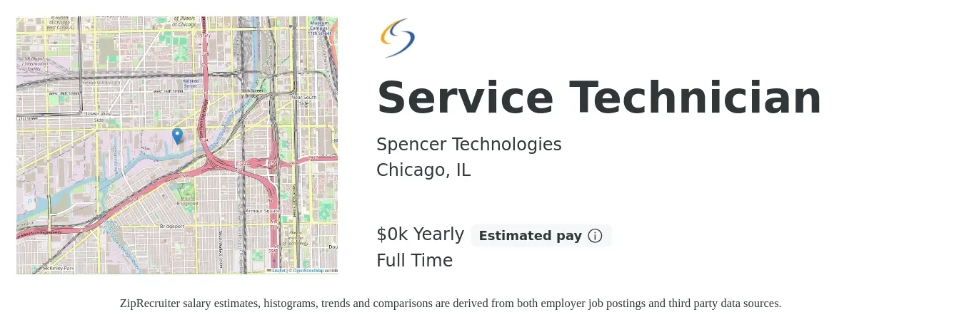 Spencer Technologies job posting for a Service Technician in Chicago, IL with a salary of $24 to $30 Yearly with a map of Chicago location.