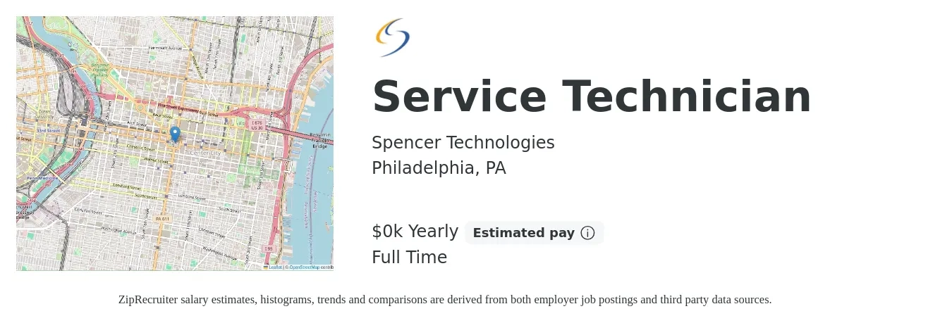 Spencer Technologies job posting for a Service Technician in Philadelphia, PA with a salary of $24 to $30 Yearly with a map of Philadelphia location.