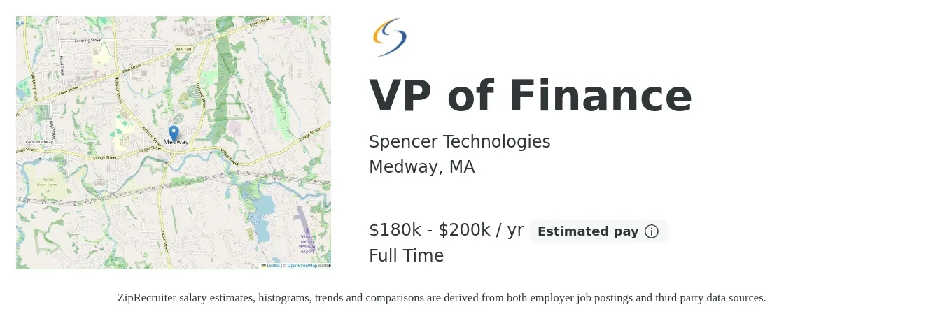 Spencer Technologies job posting for a VP of Finance in Medway, MA with a salary of $180,000 to $200,000 Yearly with a map of Medway location.