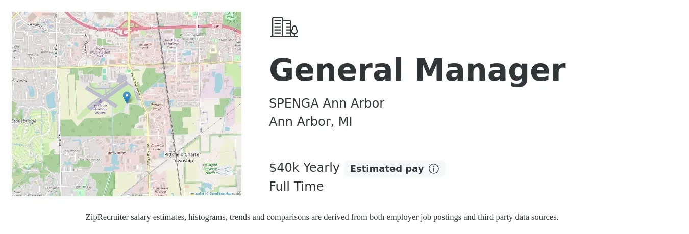 SPENGA Ann Arbor job posting for a General Manager in Ann Arbor, MI with a salary of $40,000 Yearly with a map of Ann Arbor location.