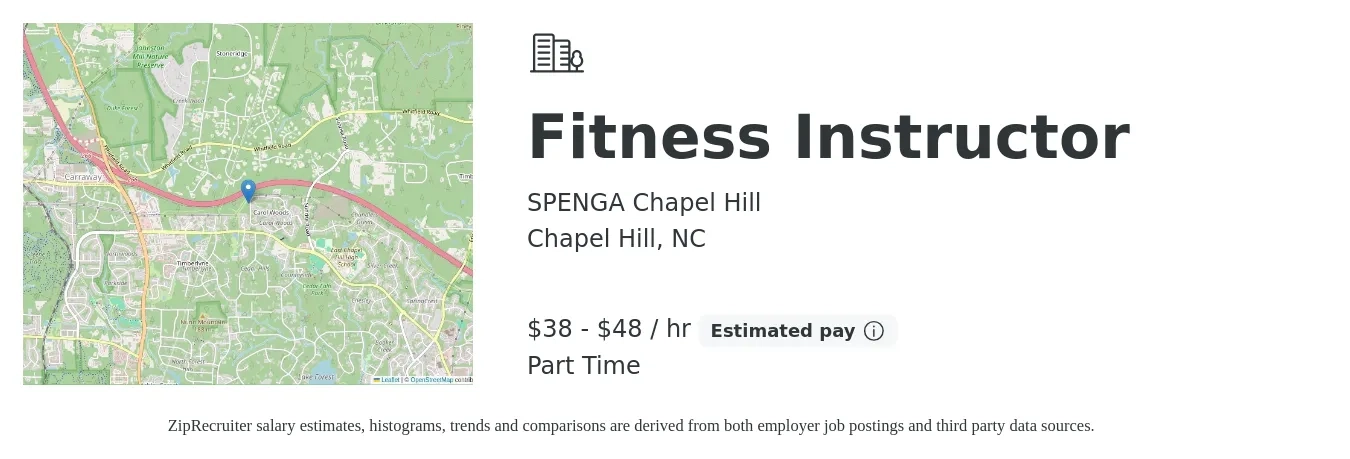 SPENGA Chapel Hill job posting for a Fitness Instructor in Chapel Hill, NC with a salary of $40 to $50 Hourly with a map of Chapel Hill location.