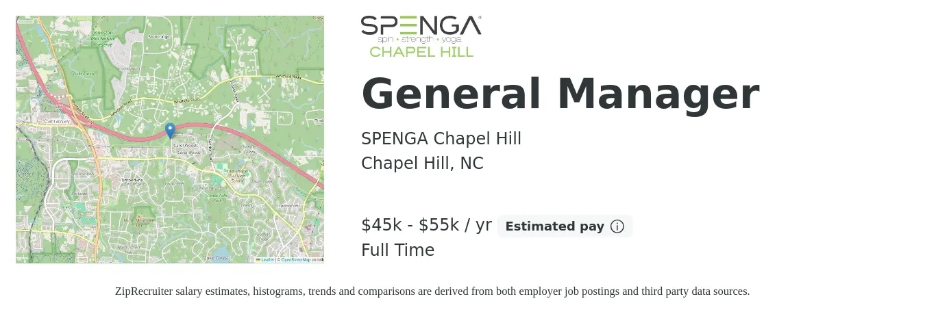 SPENGA Chapel Hill job posting for a General Manager in Chapel Hill, NC with a salary of $45,000 to $55,000 Yearly (plus commission) with a map of Chapel Hill location.