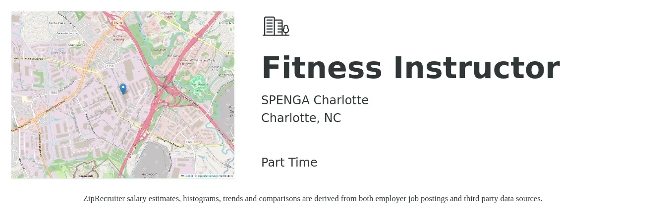 SPENGA Charlotte job posting for a Fitness Instructor in Charlotte, NC with a salary of $19 to $31 Hourly with a map of Charlotte location.