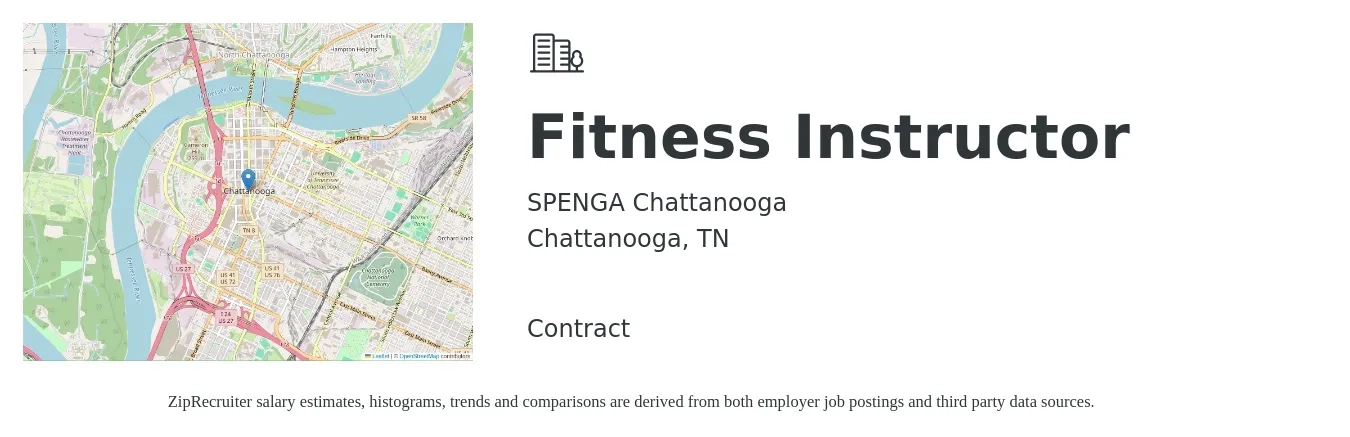 SPENGA Chattanooga job posting for a Fitness Instructor in Chattanooga, TN with a salary of $18 to $29 Hourly with a map of Chattanooga location.
