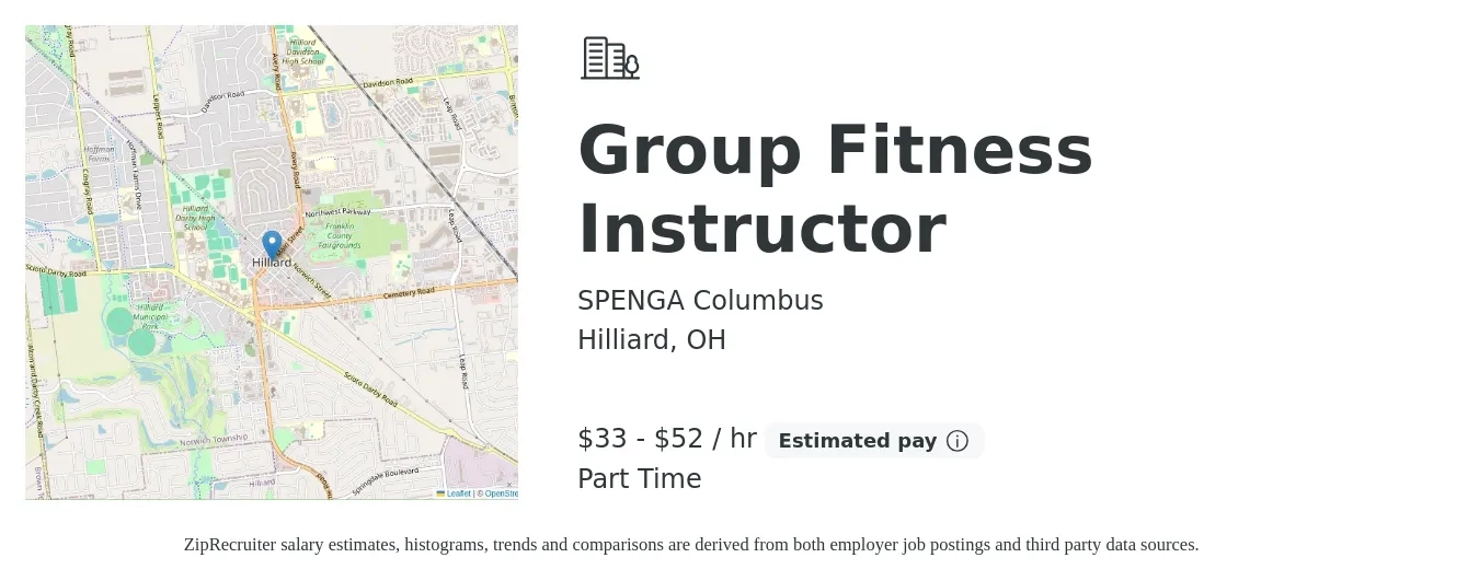 SPENGA Columbus job posting for a Group Fitness Instructor in Hilliard, OH with a salary of $35 to $55 Hourly with a map of Hilliard location.