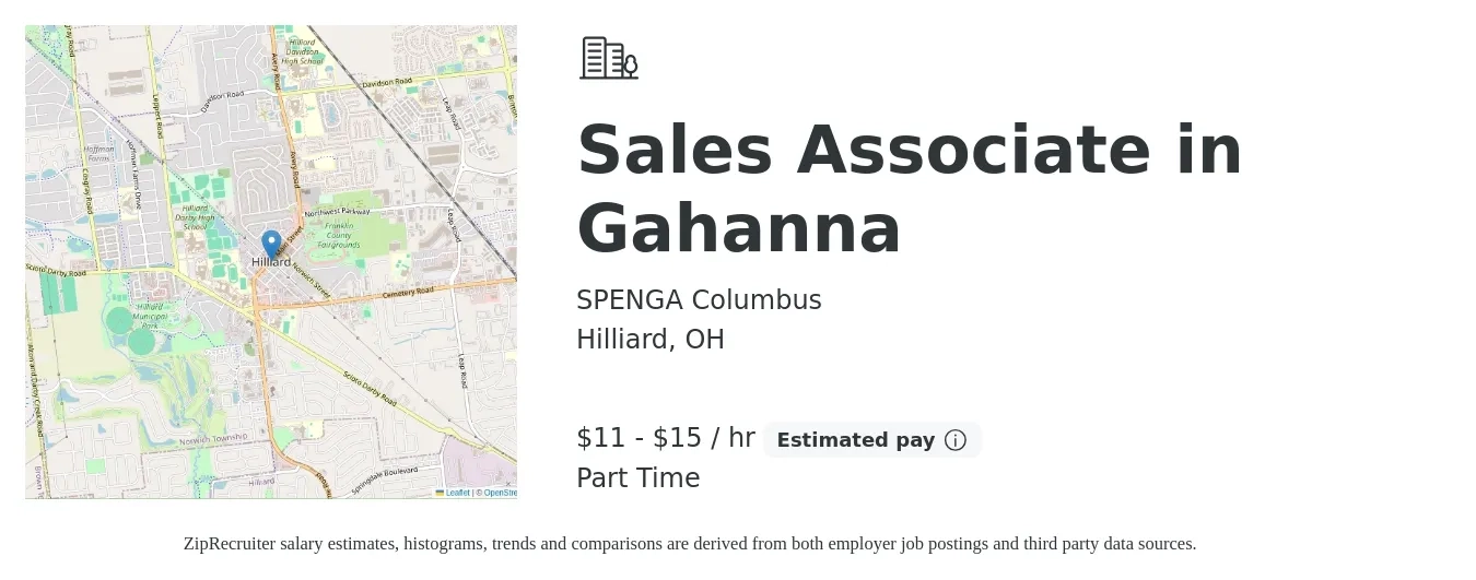 SPENGA Columbus job posting for a Sales Associate in Gahanna in Hilliard, OH with a salary of $12 to $16 Hourly with a map of Hilliard location.