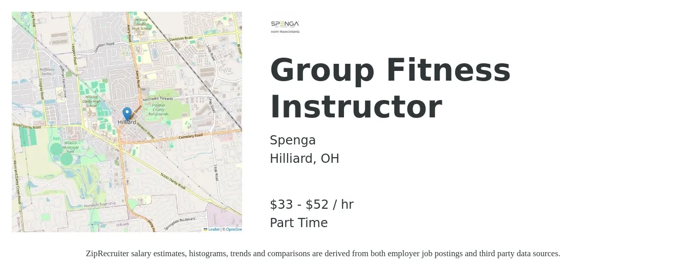 Spenga job posting for a Group Fitness Instructor in Hilliard, OH with a salary of $35 to $55 Hourly with a map of Hilliard location.