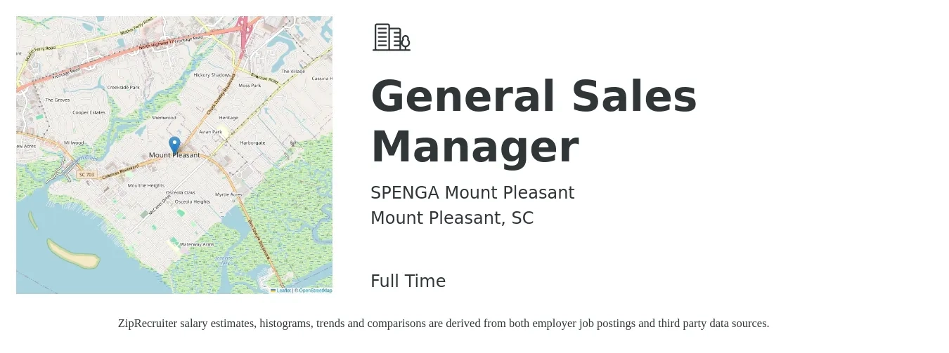 SPENGA Mount Pleasant job posting for a General Sales Manager in Mount Pleasant, SC with a salary of $42,900 to $92,100 Yearly with a map of Mount Pleasant location.