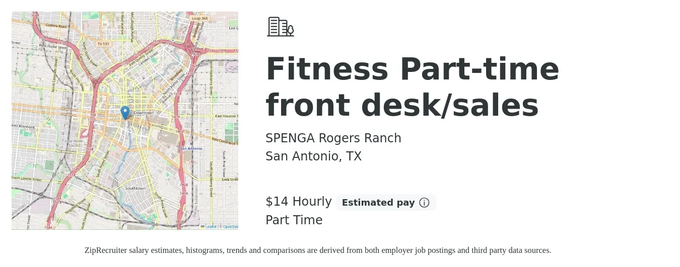 SPENGA Rogers Ranch job posting for a Fitness Part-time front desk/sales in San Antonio, TX with a salary of $15 Hourly with a map of San Antonio location.