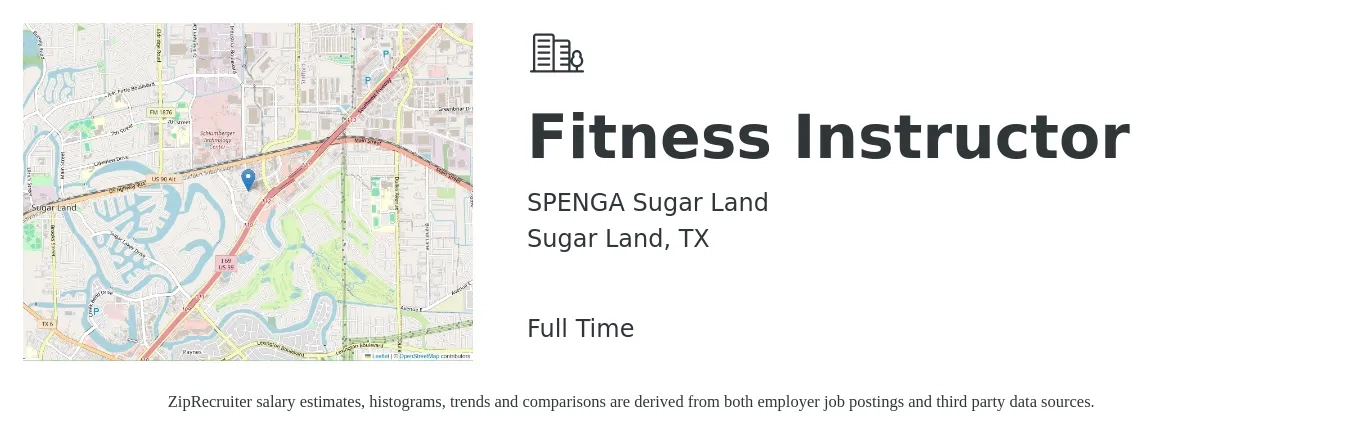 SPENGA Sugar Land job posting for a Fitness Instructor in Sugar Land, TX with a salary of $18 to $29 Hourly with a map of Sugar Land location.