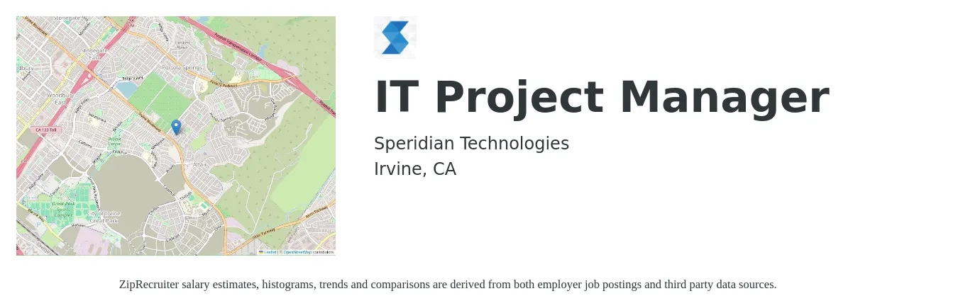 Speridian Technologies job posting for a IT Project Manager in Irvine, CA with a salary of $105,700 to $125,000 Yearly with a map of Irvine location.