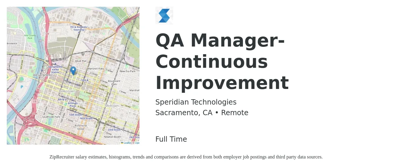 Speridian Technologies job posting for a QA Manager- Continuous Improvement in Sacramento, CA with a salary of $84,200 to $106,600 Yearly with a map of Sacramento location.