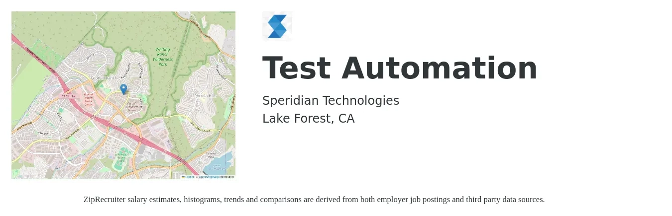Speridian Technologies job posting for a Test Automation in Lake Forest, CA with a salary of $49 to $64 Hourly with a map of Lake Forest location.
