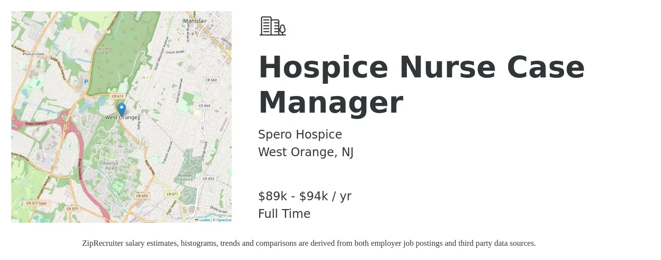 Spero Hospice job posting for a Hospice Nurse Case Manager in West Orange, NJ with a salary of $89,000 to $94,000 Yearly with a map of West Orange location.