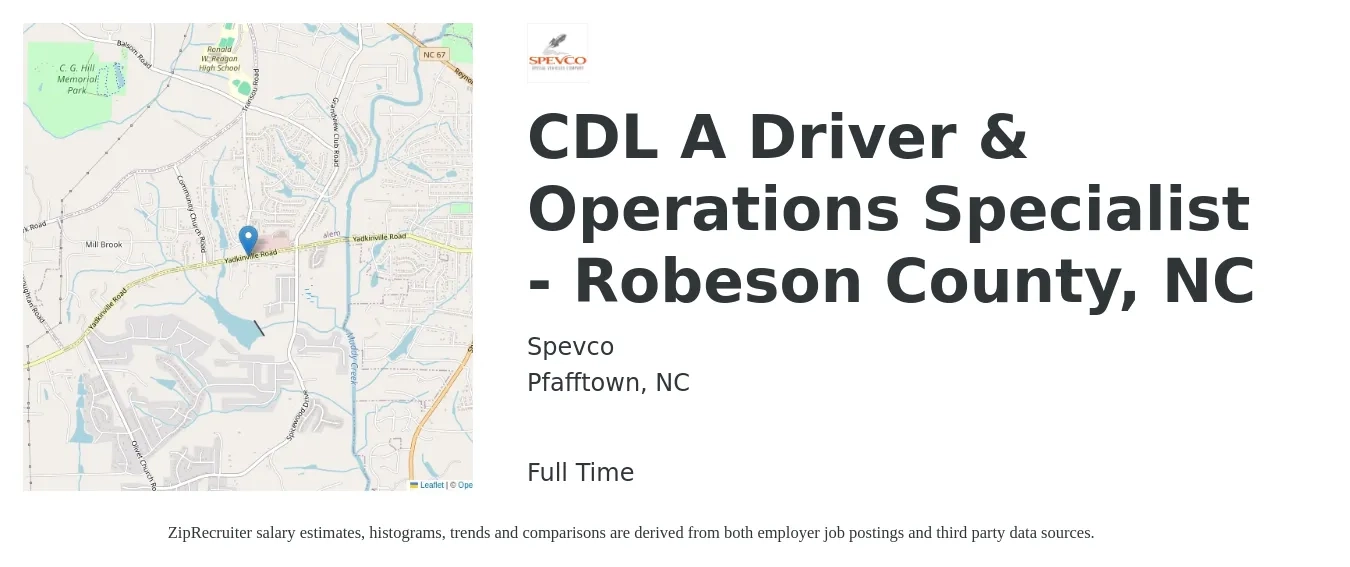 Spevco job posting for a CDL A Driver & Operations Specialist - Robeson County, NC in Pfafftown, NC with a salary of $23 to $40 Hourly with a map of Pfafftown location.