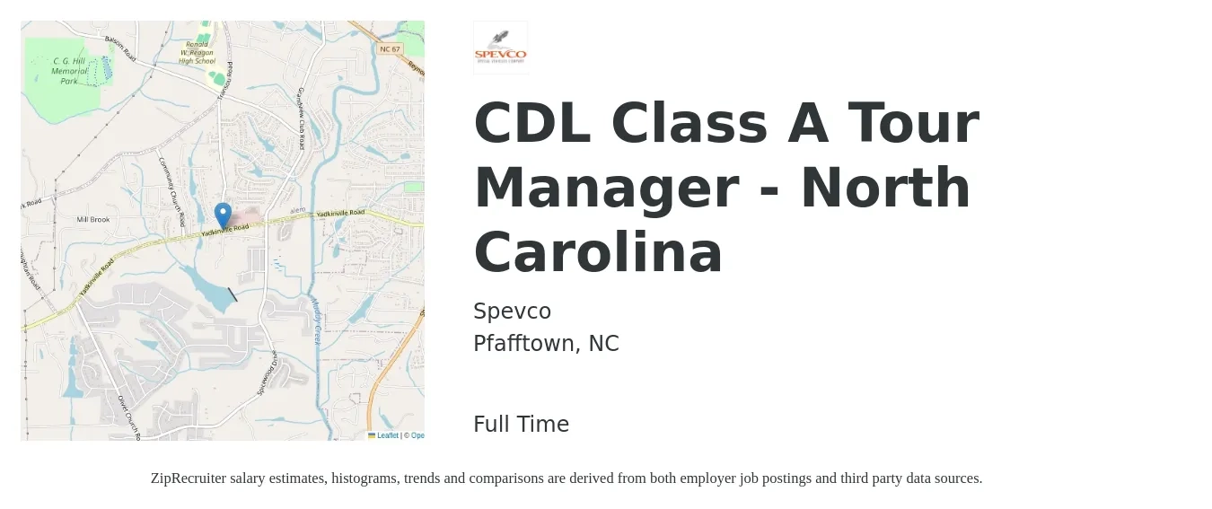 Spevco job posting for a CDL Class A Tour Manager - North Carolina in Pfafftown, NC with a salary of $18 to $28 Hourly with a map of Pfafftown location.