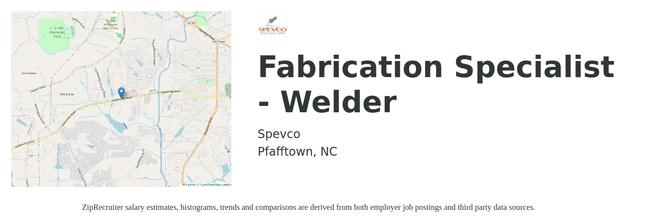 Spevco job posting for a Fabrication Specialist - Welder in Pfafftown, NC with a salary of $18 to $24 Hourly with a map of Pfafftown location.