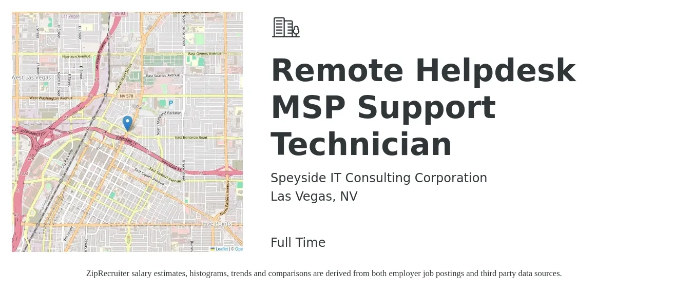 Speyside IT Consulting Corporation job posting for a Remote Helpdesk MSP Support Technician in Las Vegas, NV with a salary of $19 to $26 Hourly with a map of Las Vegas location.
