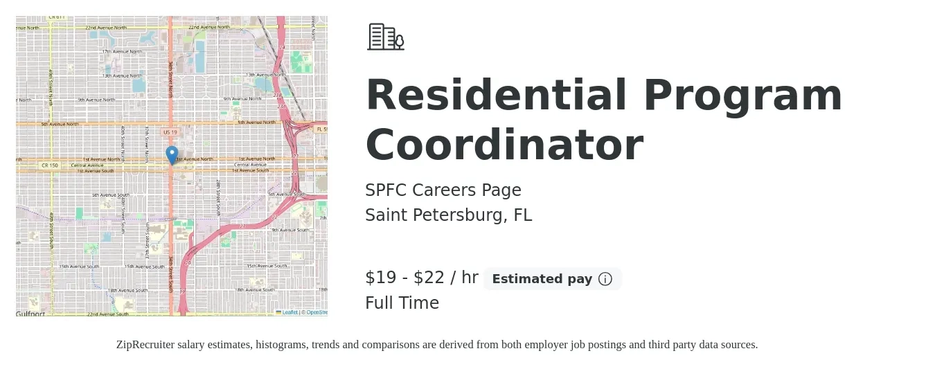 SPFC Careers Page job posting for a Residential Program Coordinator in Saint Petersburg, FL with a salary of $20 to $23 Hourly with a map of Saint Petersburg location.