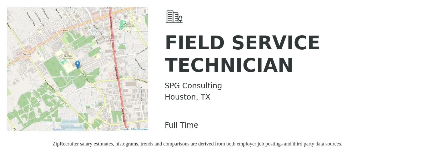 SPG Consulting job posting for a FIELD SERVICE TECHNICIAN in Houston, TX with a salary of $19 to $28 Hourly with a map of Houston location.