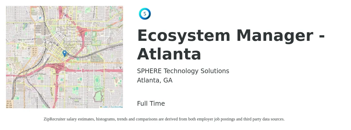 SPHERE Technology Solutions job posting for a Ecosystem Manager - Atlanta in Atlanta, GA with a salary of $62,500 to $96,200 Yearly with a map of Atlanta location.