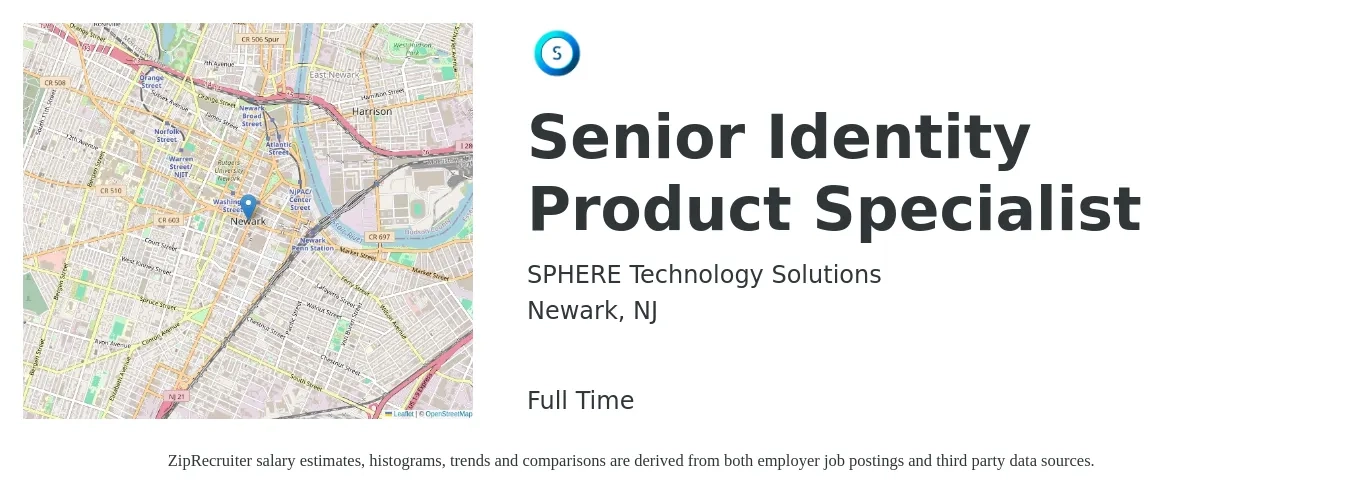 SPHERE Technology Solutions job posting for a Senior Identity Product Specialist in Newark, NJ with a salary of $47,600 to $102,500 Yearly with a map of Newark location.