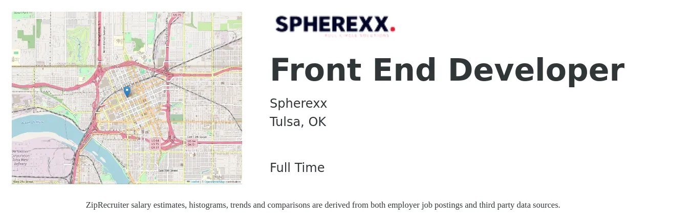 Spherexx job posting for a Front End Developer in Tulsa, OK with a salary of $86,000 to $100,100 Yearly with a map of Tulsa location.