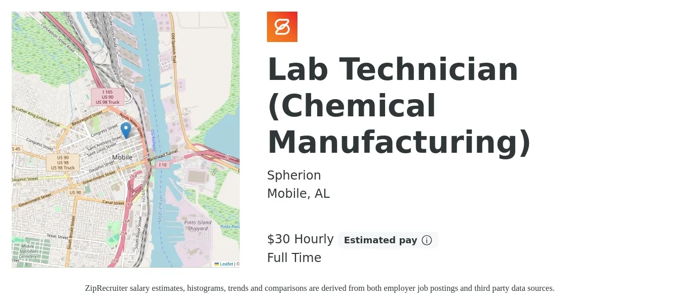 Spherion job posting for a Lab Technician (Chemical Manufacturing) in Mobile, AL with a salary of $32 Hourly with a map of Mobile location.