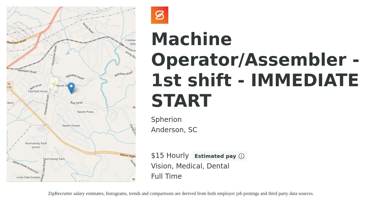 Spherion job posting for a Machine Operator/Assembler - 1st shift - IMMEDIATE START in Anderson, SC with a salary of $16 Hourly and benefits including medical, vision, and dental with a map of Anderson location.