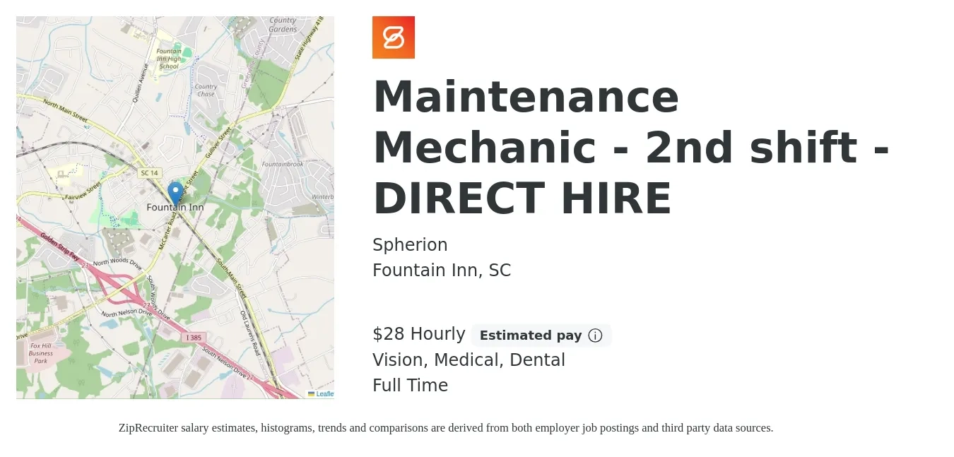 Spherion job posting for a Maintenance Mechanic - 2nd shift - DIRECT HIRE in Fountain Inn, SC with a salary of $30 Hourly and benefits including medical, vision, and dental with a map of Fountain Inn location.