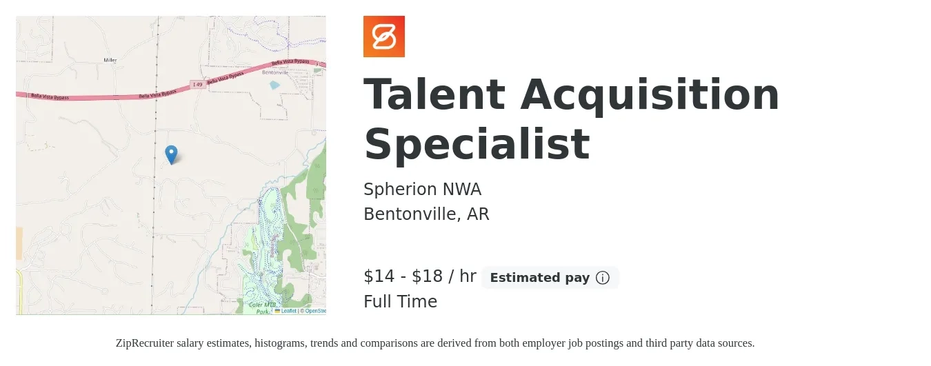 Spherion NWA job posting for a Talent Acquisition Specialist in Bentonville, AR with a salary of $15 to $19 Hourly with a map of Bentonville location.