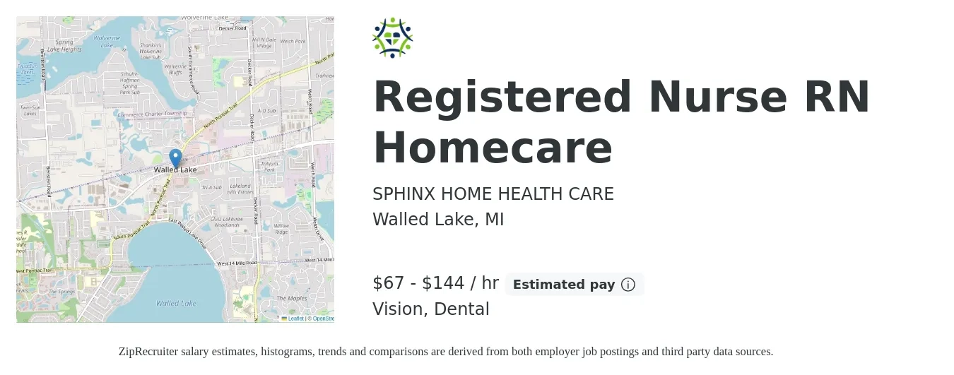 SPHINX HOME HEALTH CARE job posting for a Registered Nurse RN Homecare in Walled Lake, MI with a salary of $70 to $150 Hourly (plus commission) and benefits including vision, and dental with a map of Walled Lake location.