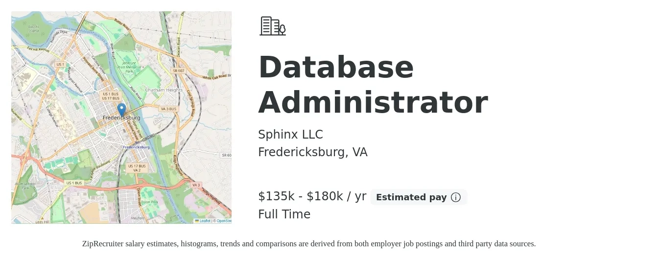 Sphinx LLC job posting for a Database Administrator in Fredericksburg, VA with a salary of $135,000 to $180,000 Yearly with a map of Fredericksburg location.