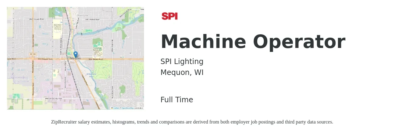 SPI Lighting job posting for a Machine Operator in Mequon, WI with a salary of $15 to $18 Hourly with a map of Mequon location.