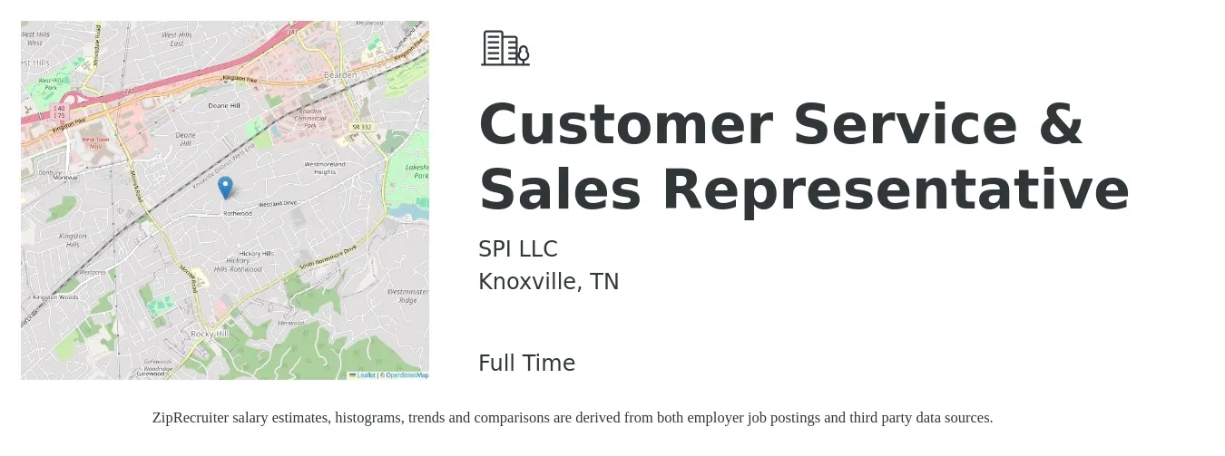 SPI LLC job posting for a Customer Service & Sales Representative in Knoxville, TN with a salary of $16 to $26 Hourly with a map of Knoxville location.