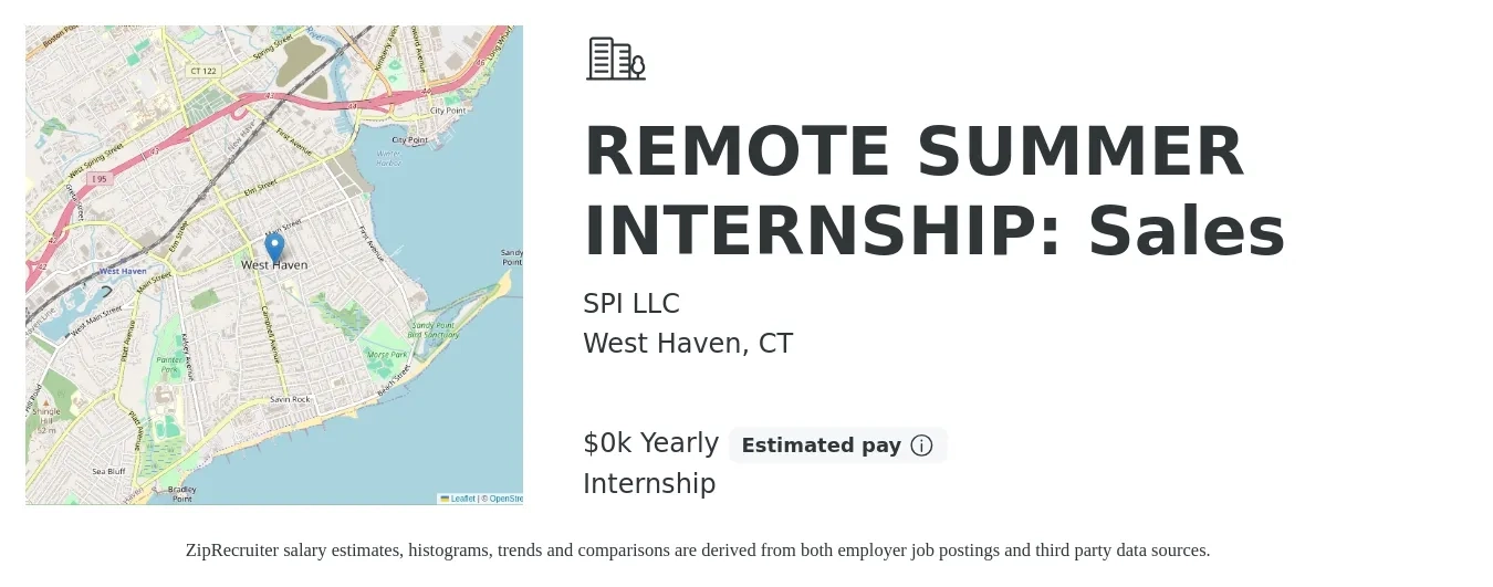 SPI LLC job posting for a REMOTE SUMMER INTERNSHIP: Sales in West Haven, CT with a salary of $18 to $19 Yearly with a map of West Haven location.