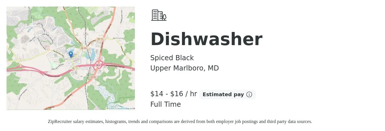 Spiced Black job posting for a Dishwasher in Upper Marlboro, MD with a salary of $15 to $17 Hourly with a map of Upper Marlboro location.