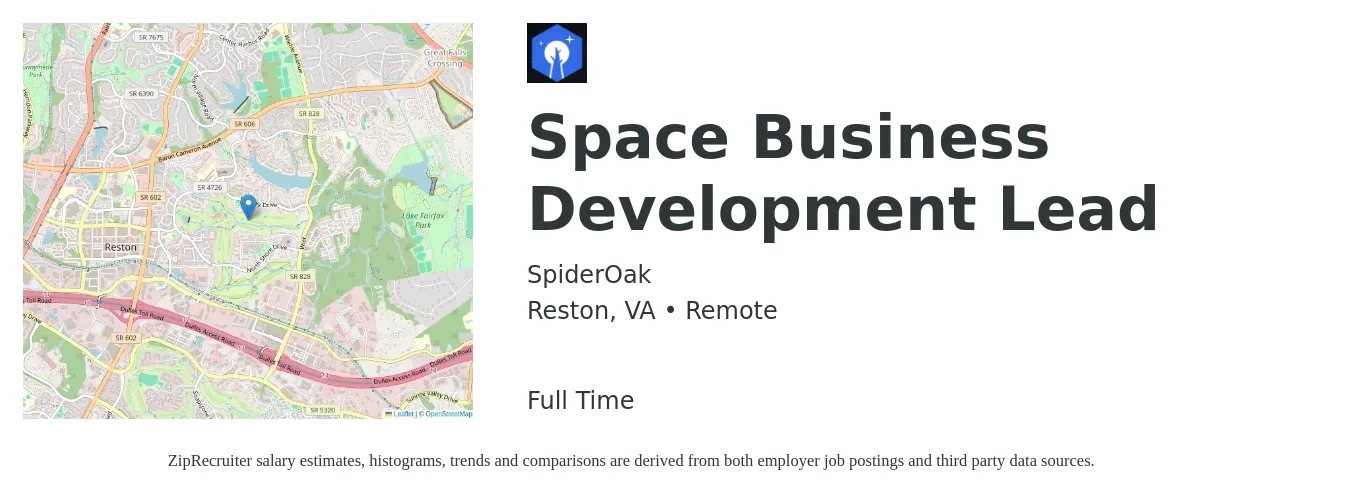 SpiderOak job posting for a Space Business Development Lead in Reston, VA with a salary of $67,600 to $153,500 Yearly with a map of Reston location.