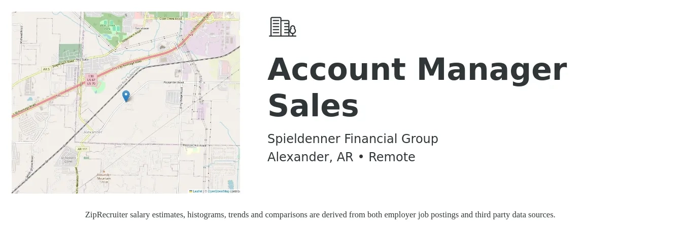 Spieldenner Financial Group job posting for a Account Manager Sales in Alexander, AR with a salary of $47,600 to $75,400 Yearly with a map of Alexander location.