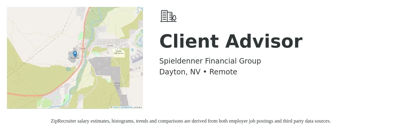 Spieldenner Financial Group job posting for a Client Advisor in Dayton, NV with a salary of $18 to $34 Hourly with a map of Dayton location.