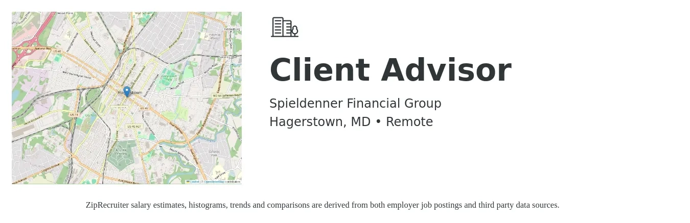 Spieldenner Financial Group job posting for a Client Advisor in Hagerstown, MD with a salary of $17 to $33 Hourly with a map of Hagerstown location.