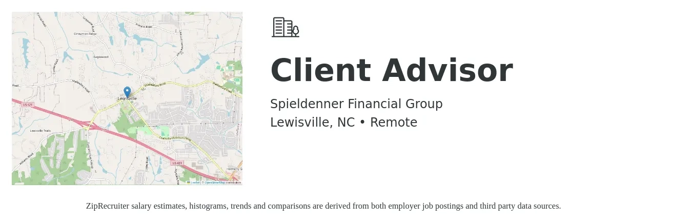 Spieldenner Financial Group job posting for a Client Advisor in Lewisville, NC with a salary of $17 to $33 Hourly with a map of Lewisville location.